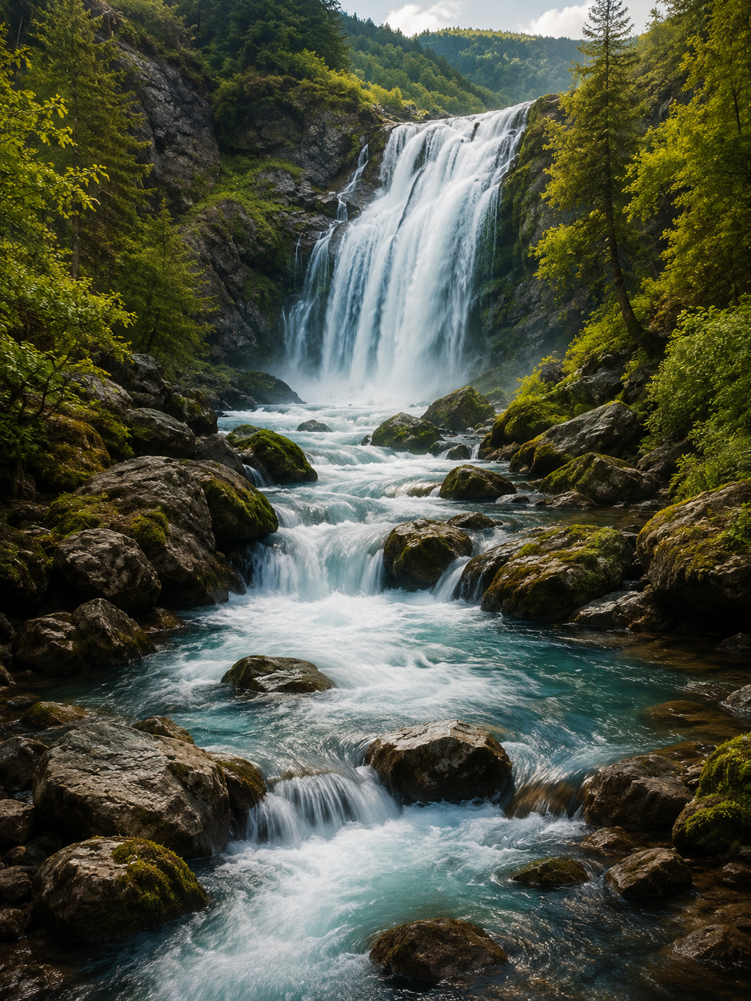 Flowing waterfall through a lush green canyon