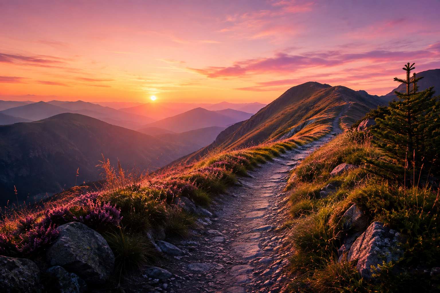Sunset mountain ridge path with warm pink and gold sky
