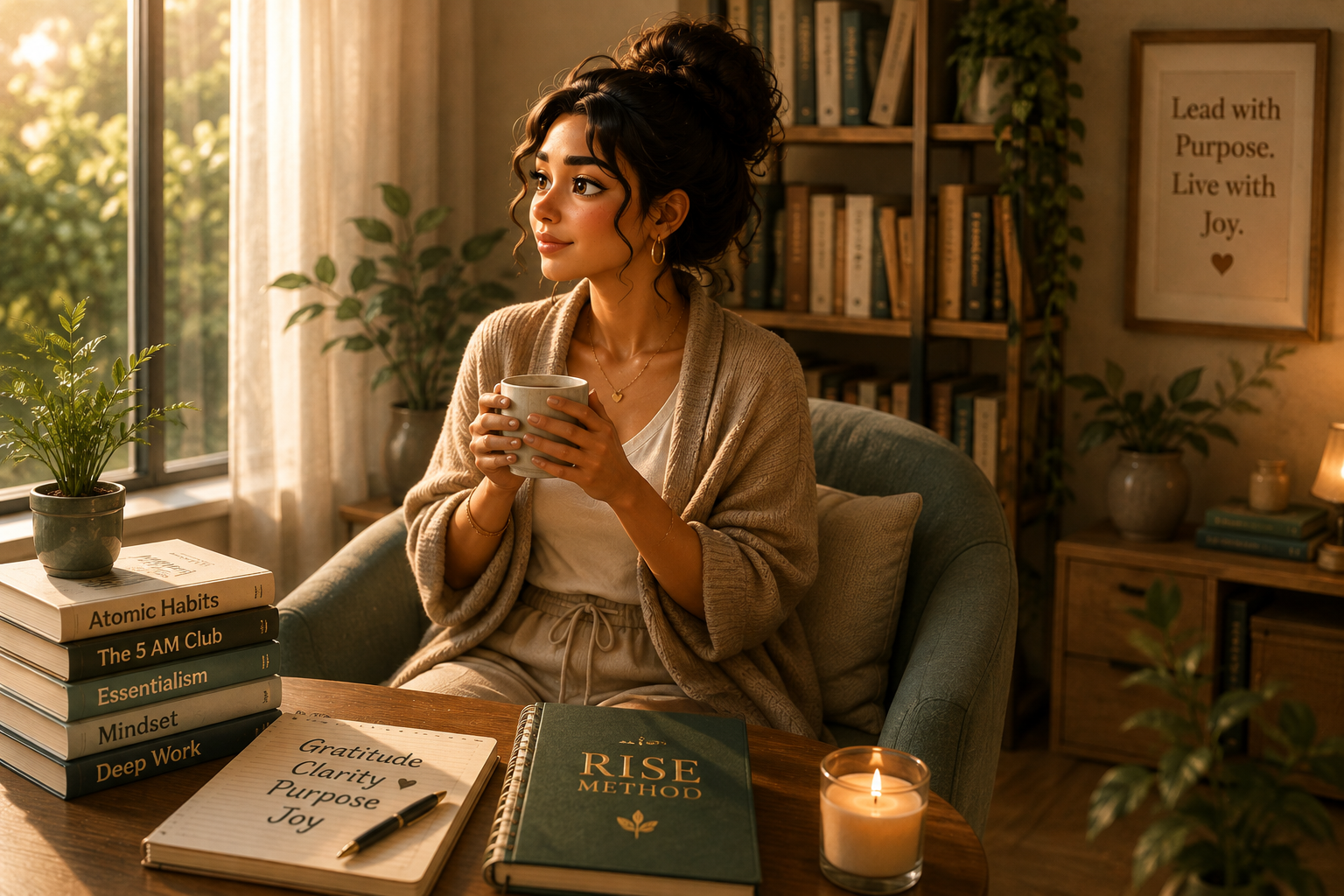 Woman enjoying a peaceful morning with books, journal, and candle