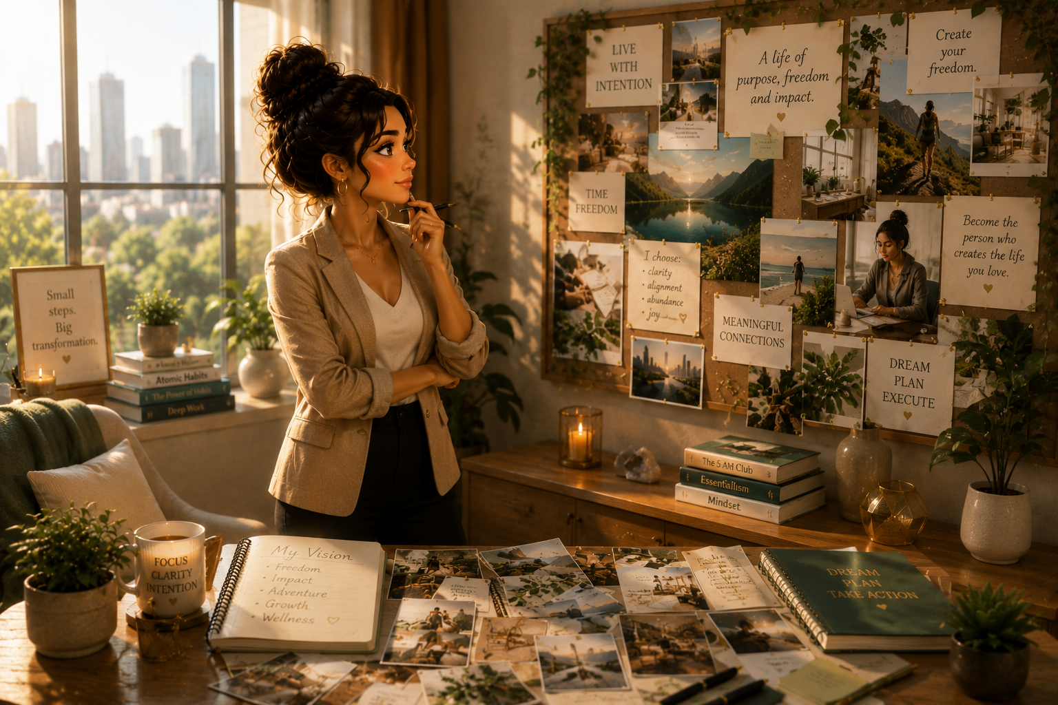 SHN Avatar envisioning her RISE Vision Board beside a mood-board wall