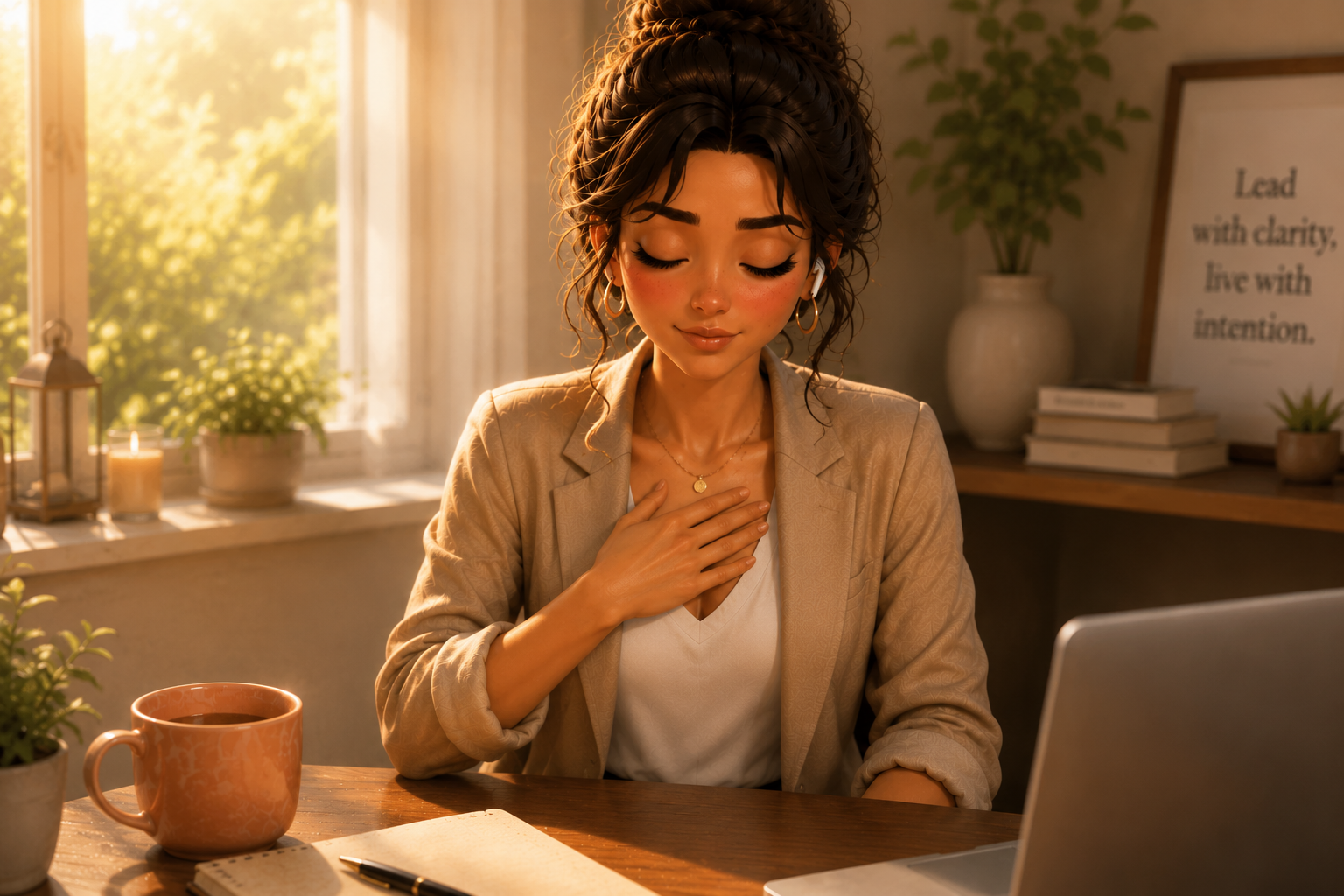 SHN Avatar pausing at a sunlit desk for a guided nervous-system reset
