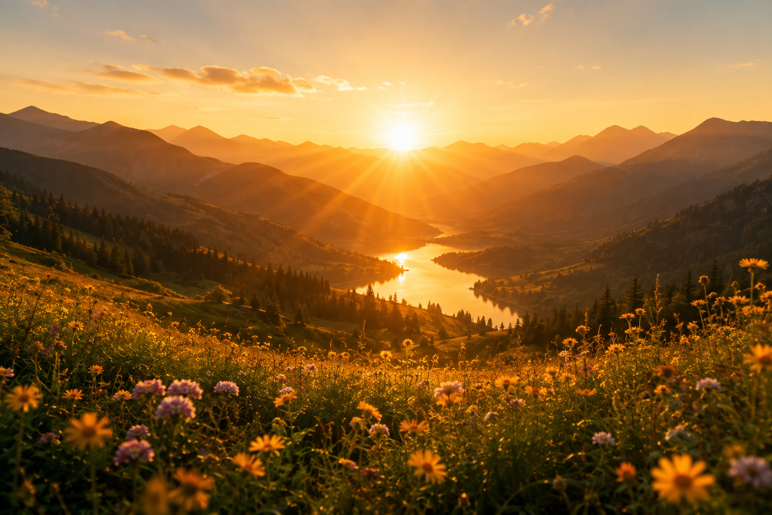 Golden sunrise over a mountain valley with wildflowers