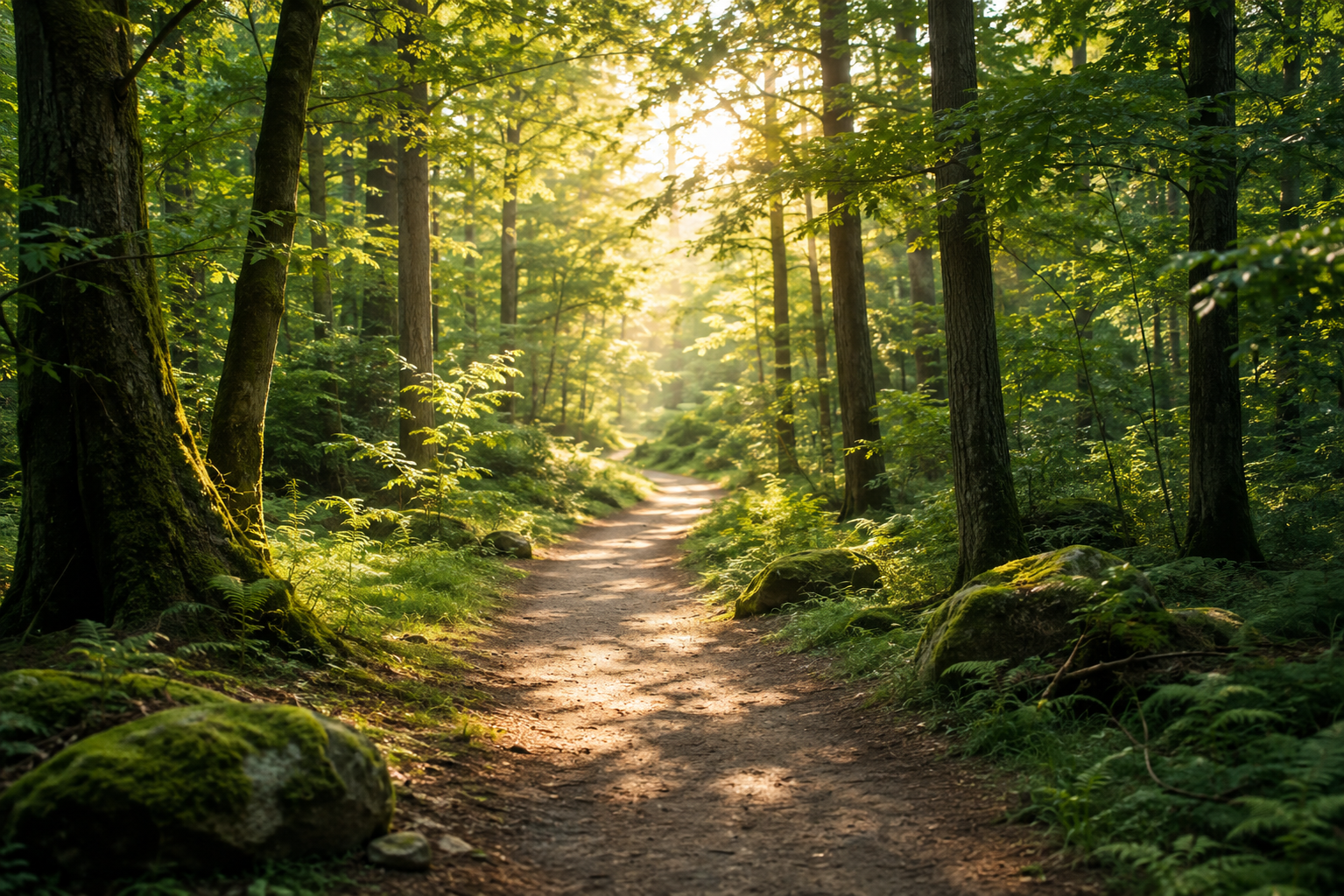 Sunlit forest path with green moss and ferns