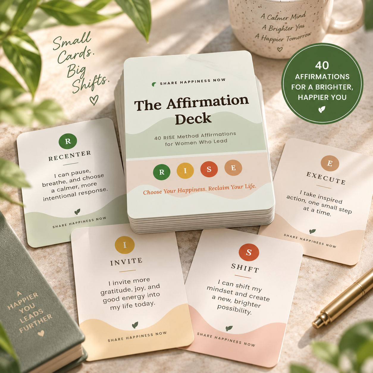 The Affirmation Deck — a stack of RISE Method affirmation cards on a warm table with a mug and plants